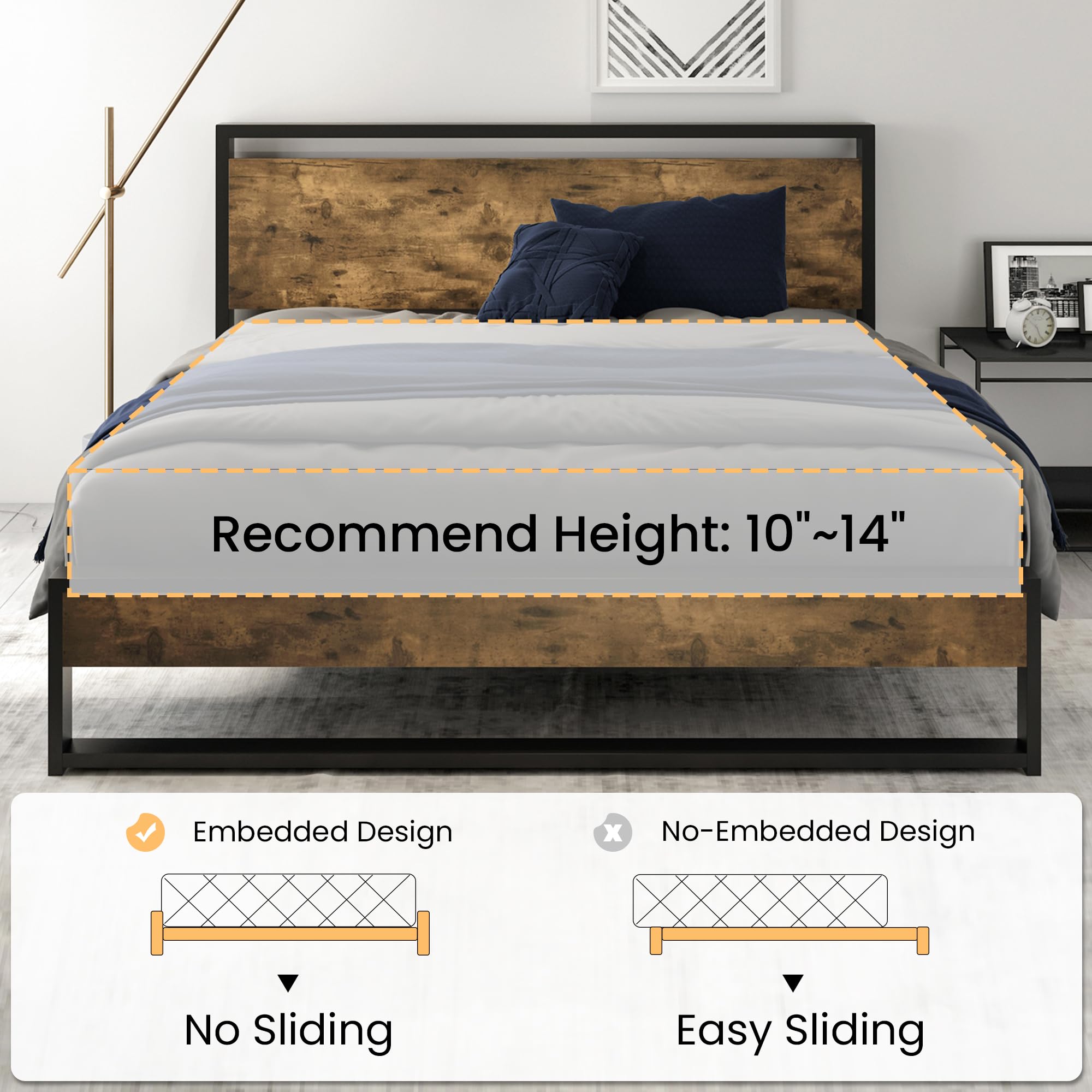 Queen Bed Frame with Wood Headboard and Footboard