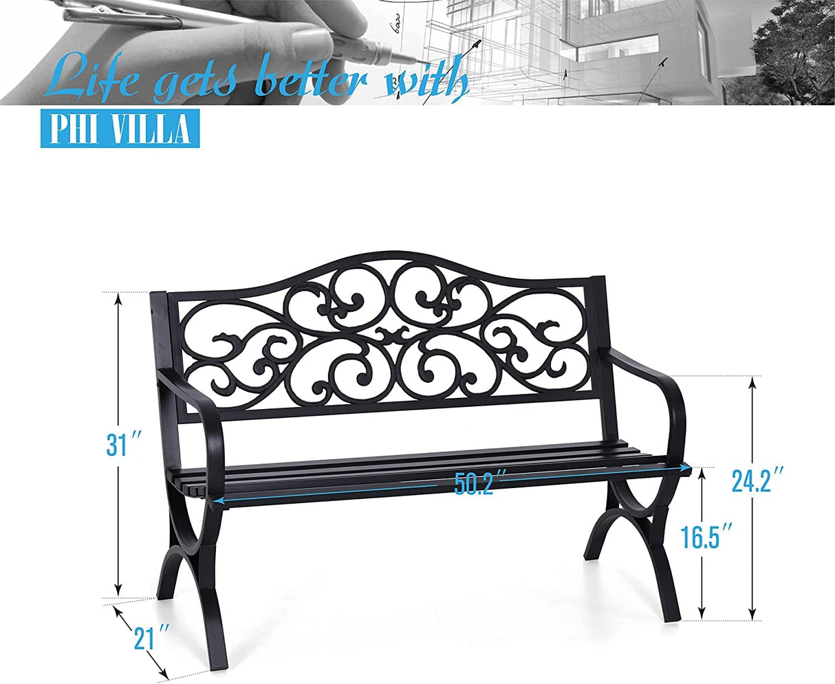 50-Inch Cast Iron Steel Frame Garden Bench Outdoor Chair w/Floral