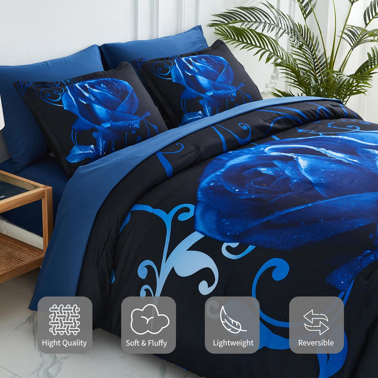 Blue Comforter Set 7 Piece Bed in a Bag Blue Rose Comforter