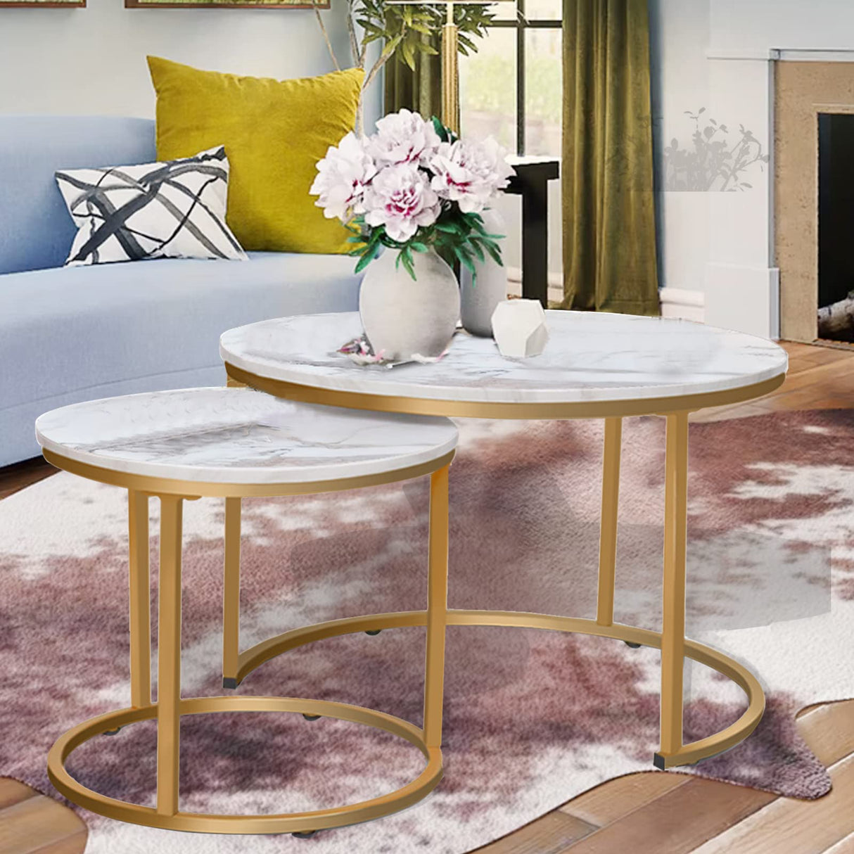 Round Coffee Table Set of 2 Modern Nesting Golden Frame Circular