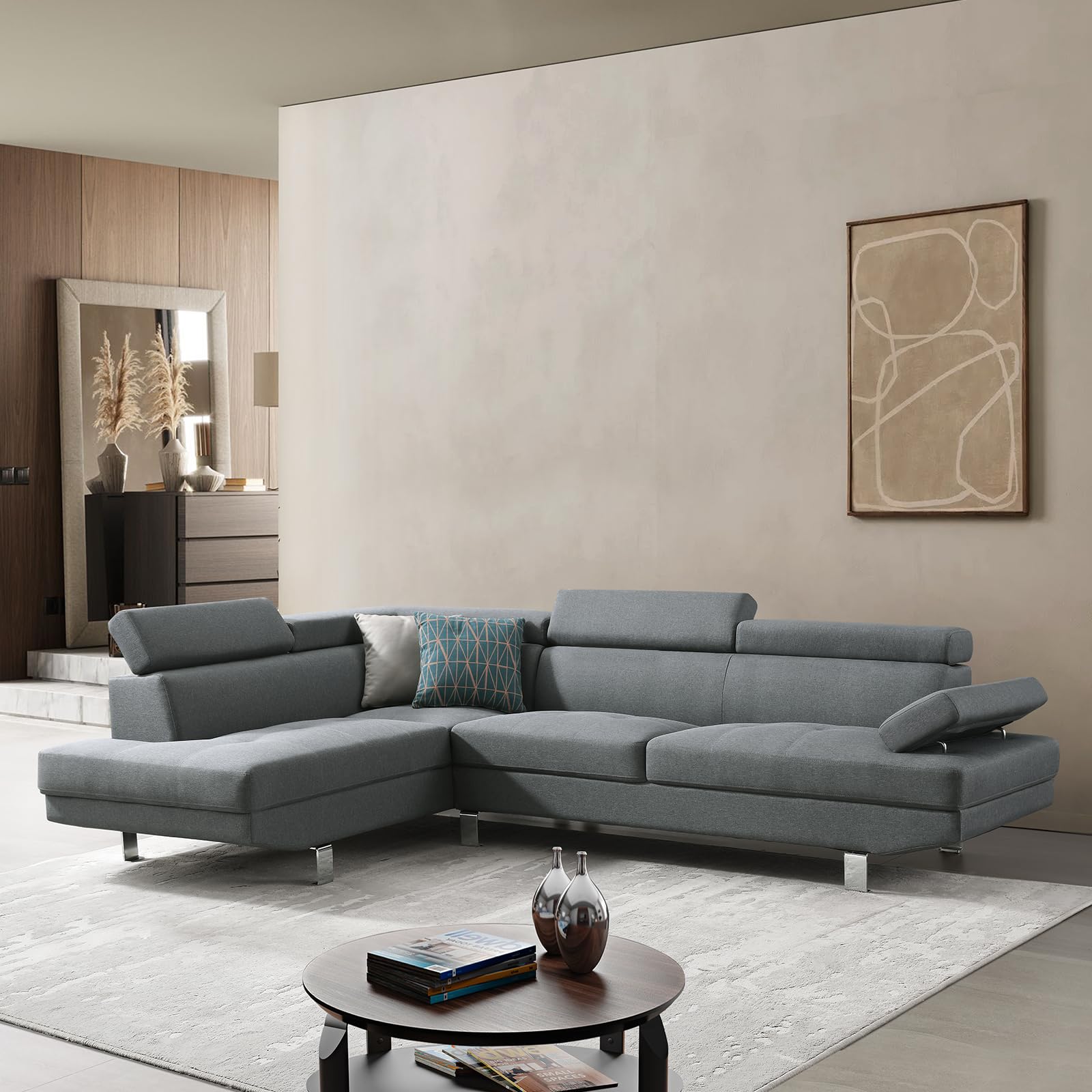 104.5" L-Shaped Sectional Sofa with Adjustable Headrests and Armrest