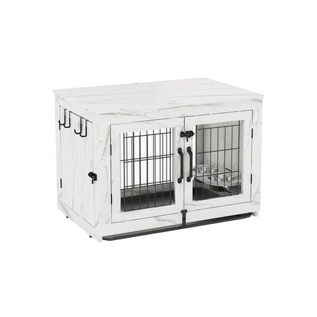 Wooden Dog Crate Furniture with 360°Rotatable Removable Dog Bowls, Dog Crate