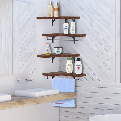 Corner Floating Shelves, 4 Pack Rustic Solid Wood Wall Shelves with Towel Bar