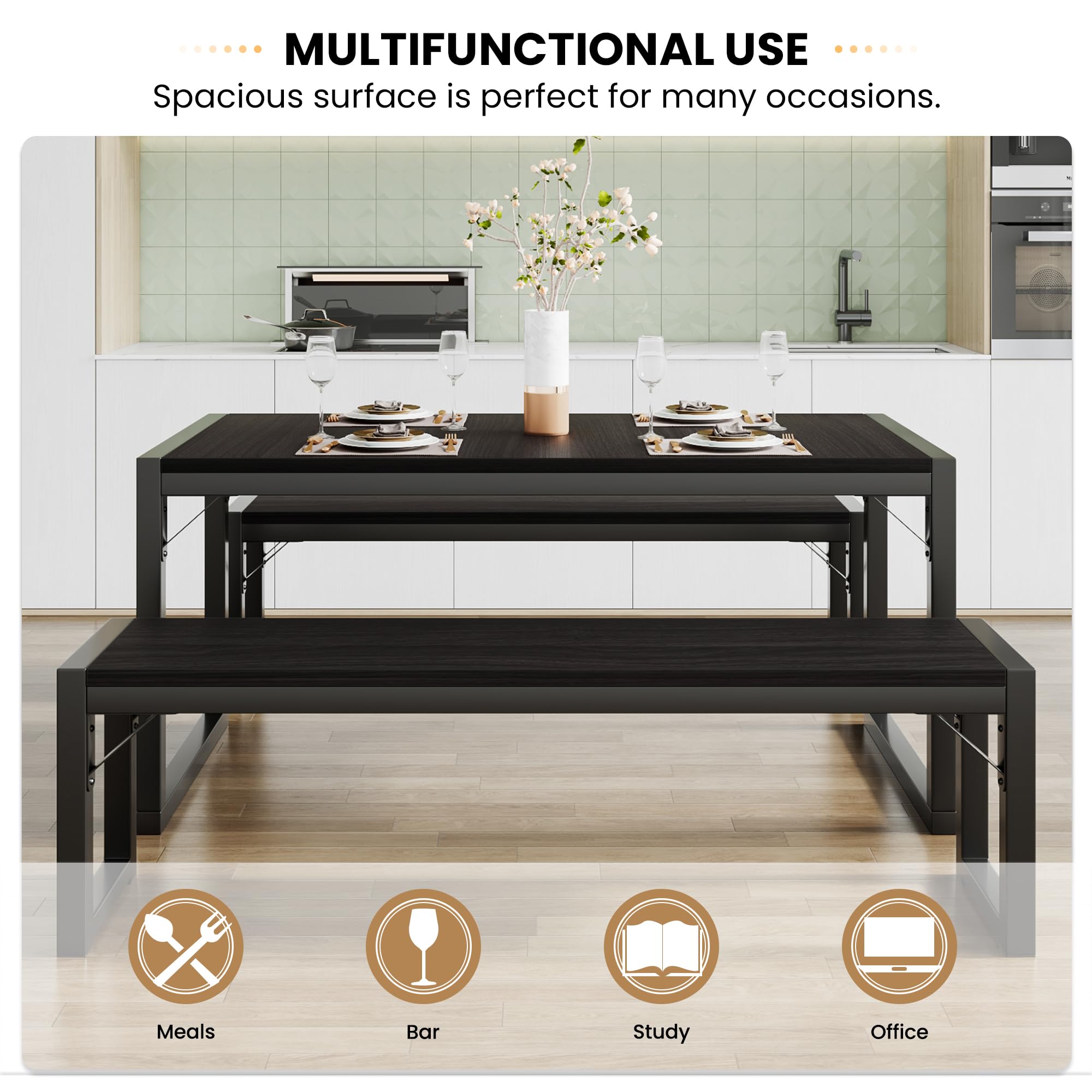 Dining Table Set with Two Benches, Rustic Kitchen Table Set for 4 People, Space-Saving