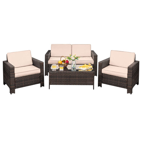 4 Pieces Patio Furniture Sets Rattan Chair Wicker Conversation Sofa Set