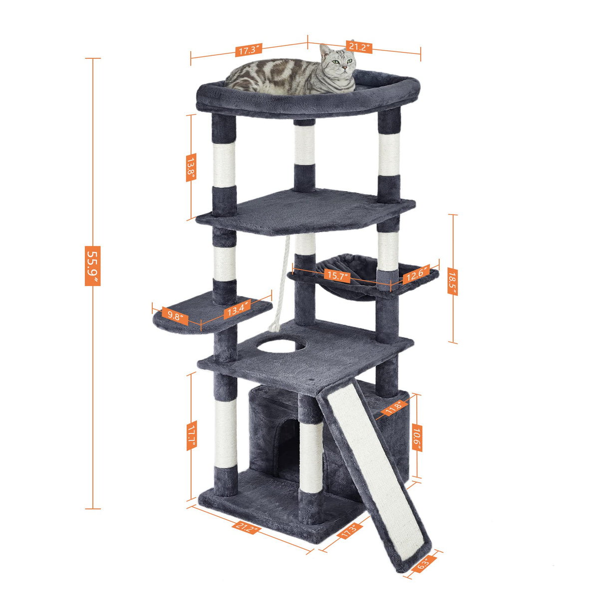 55.9 Inches Cat Tree Multi Level Cat Tower with Sisal-Covered Scratching Posts