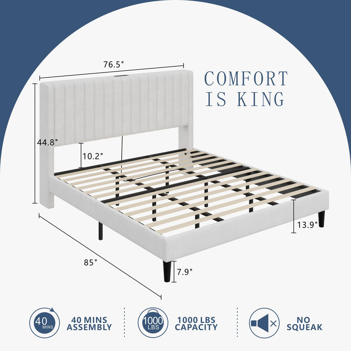 King Size Bed Frame, Velvet Upholstered Platform Bed with Channel Tufted Headboard