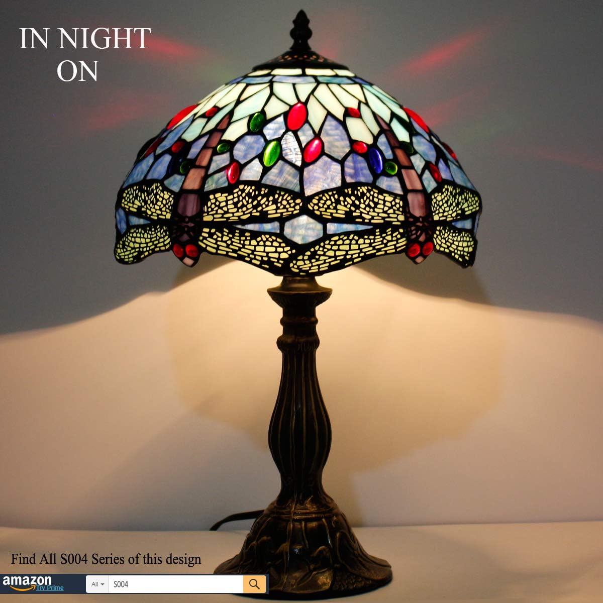 Tiffany Table Lamp Blue Stained Glass Dragonfly Style Bedside Desk
