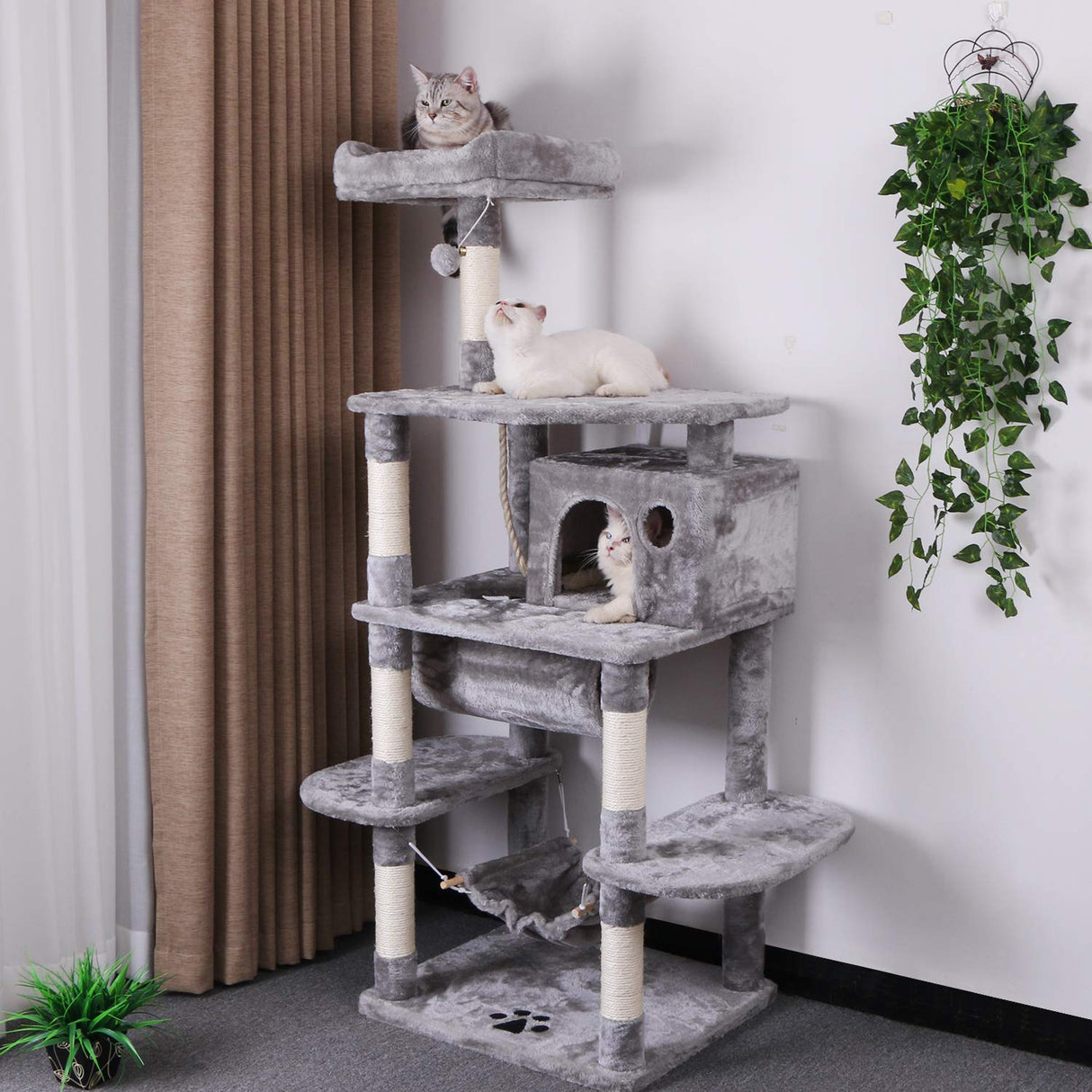 Cat Tree with Sisal Scratching Posts Perch House Hammock Tunnel, Cat Tower Cat Condo