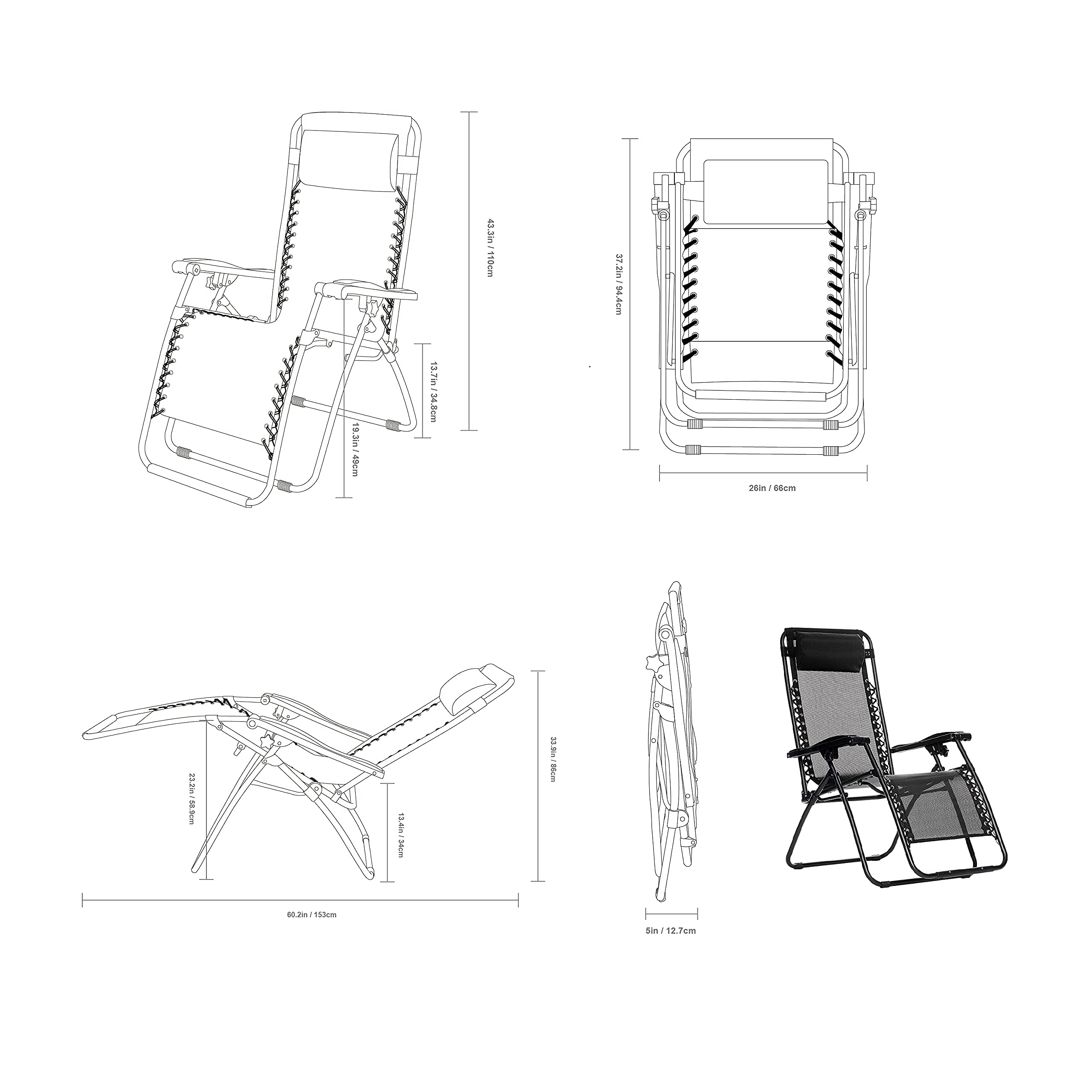AirLounge 26" Zero Gravity Outdoor Recliner – Folding Chair with Headrest