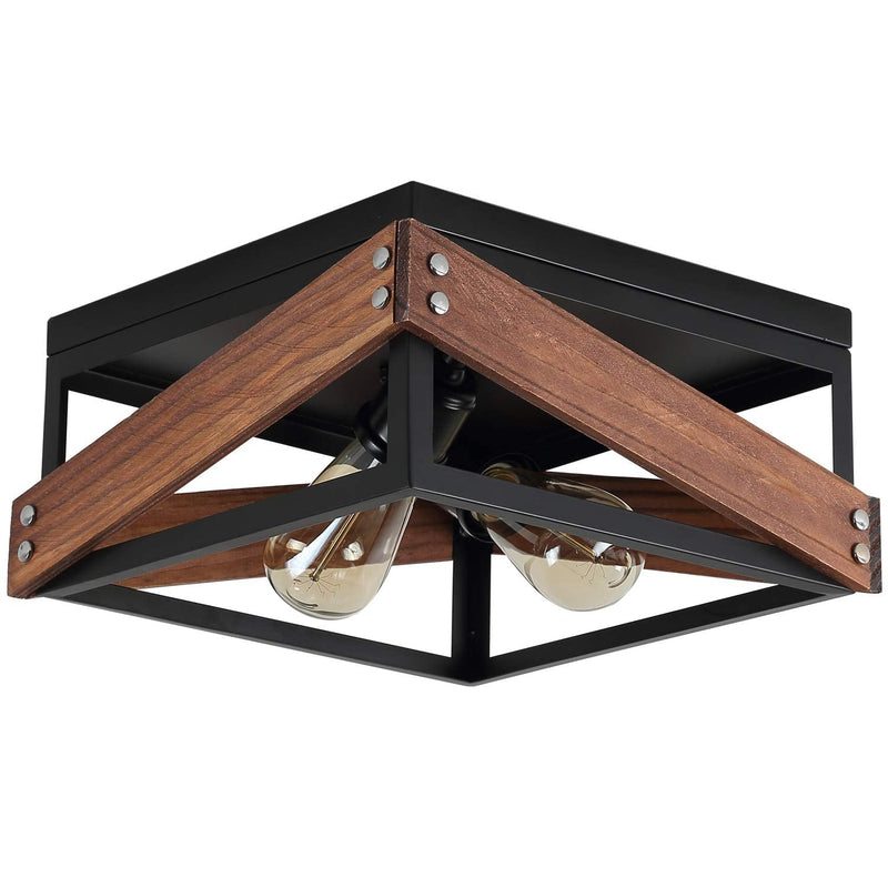 Rustic Industrial Flush Mount Light Fixture Two-Light Metal and Wood Square Flush Mount Ceiling Light