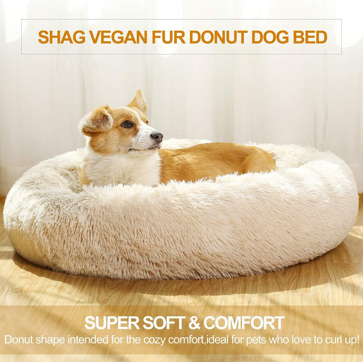 Shag Vegan Fur Donut Comfortable Dog Bed for Medium Dogs