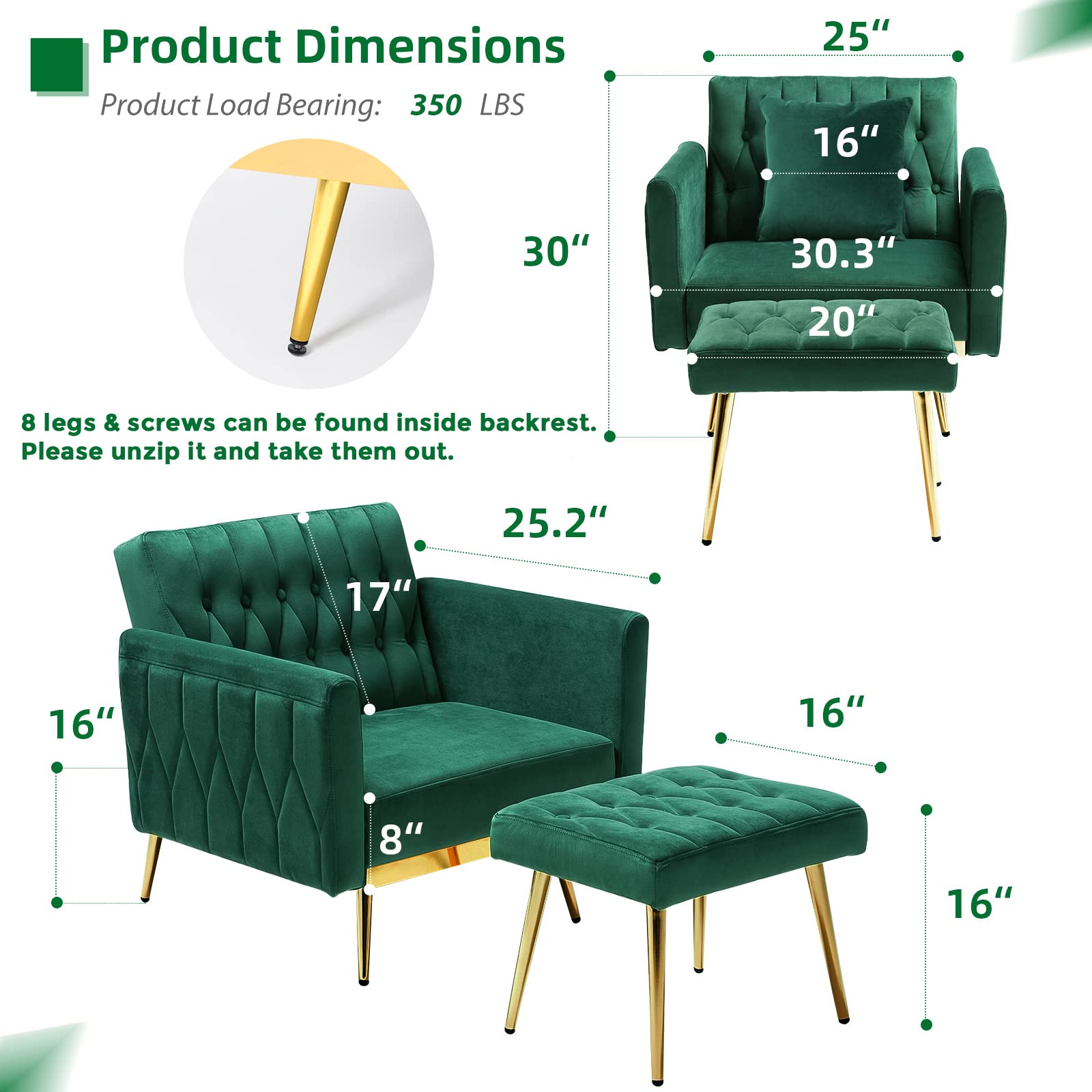Velvet Accent Chair with Adjustable Armrests and Backrest, Button Tufted Chair