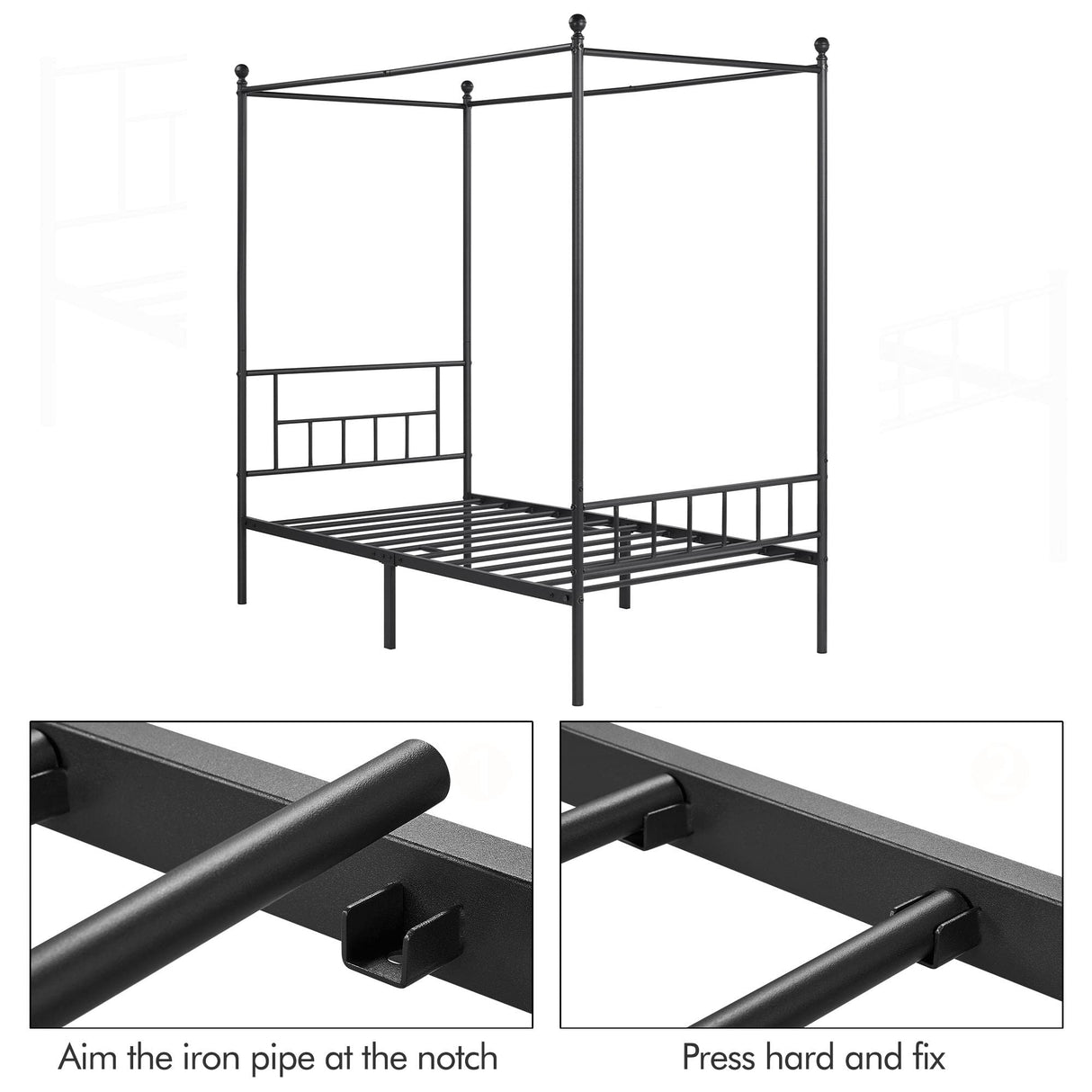 Metal Canopy Platform Bed Frame Four-Poster Canopied Bed Mattress