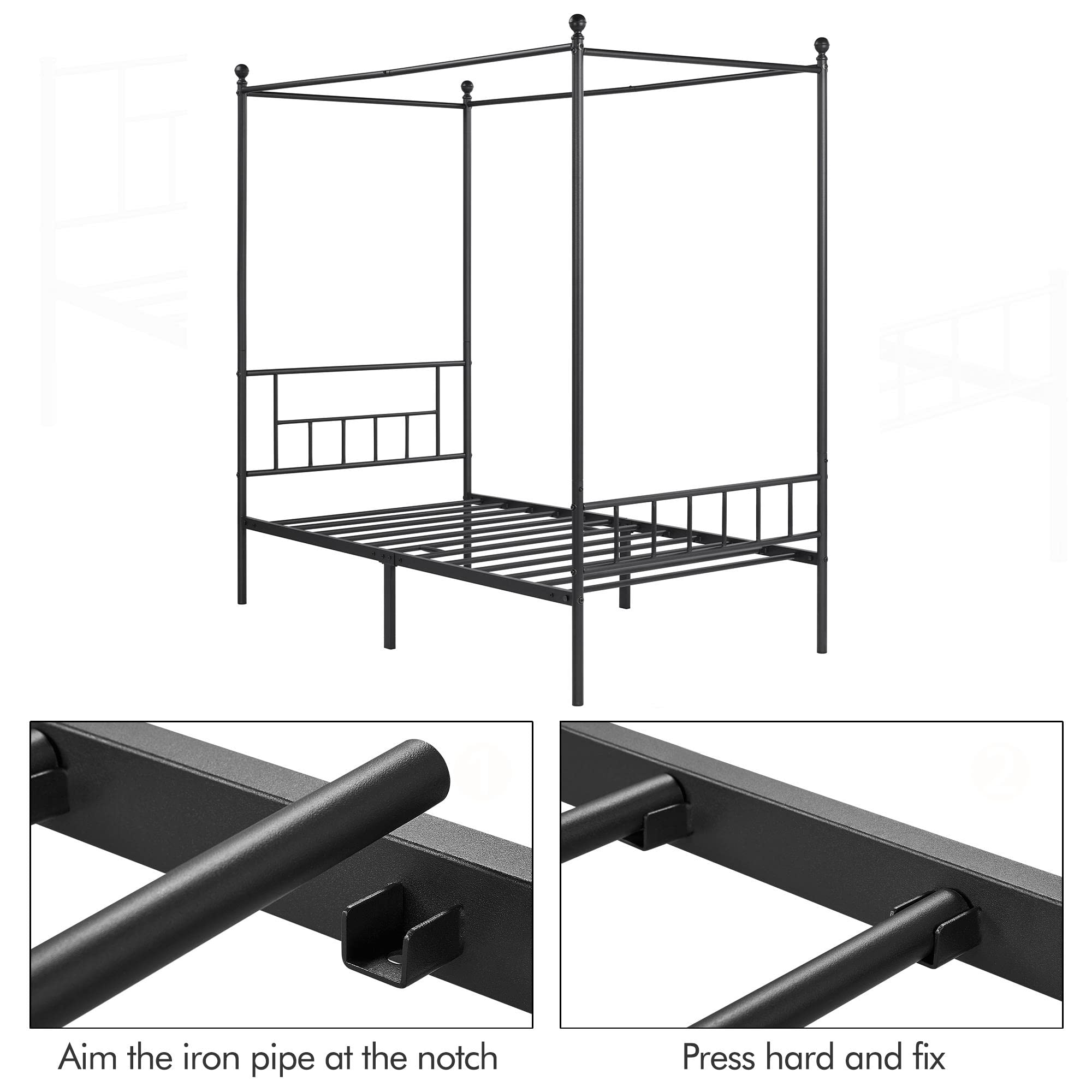 Metal Canopy Platform Bed Frame Four-Poster Canopied Bed Mattress