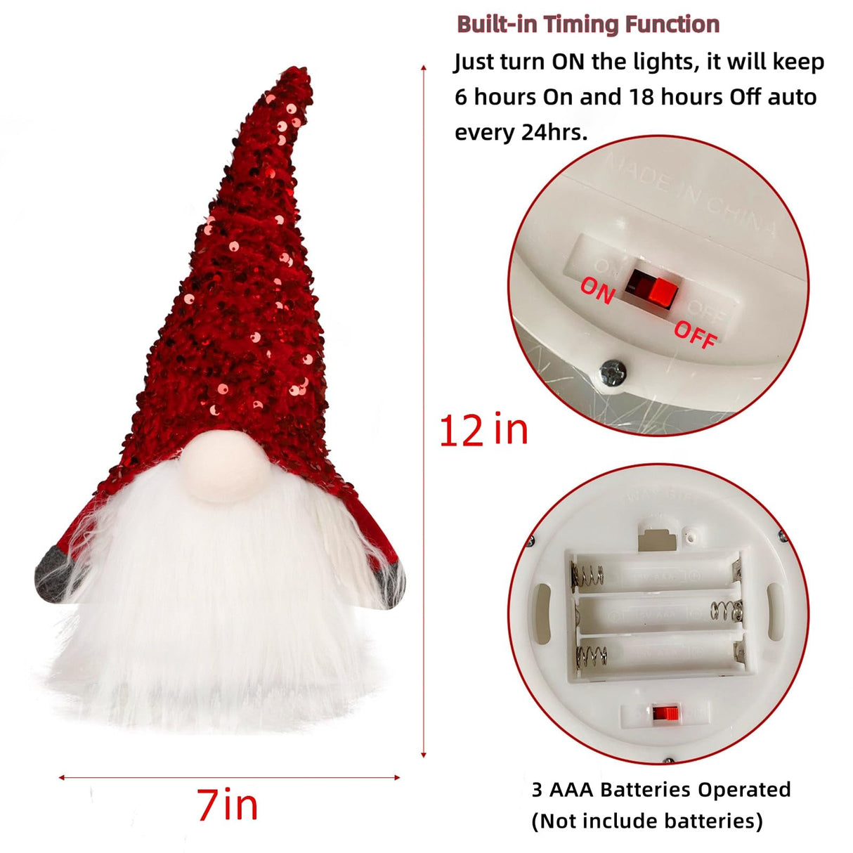 12" Lighted Christmas Gnome, Handmade Sequins Hat