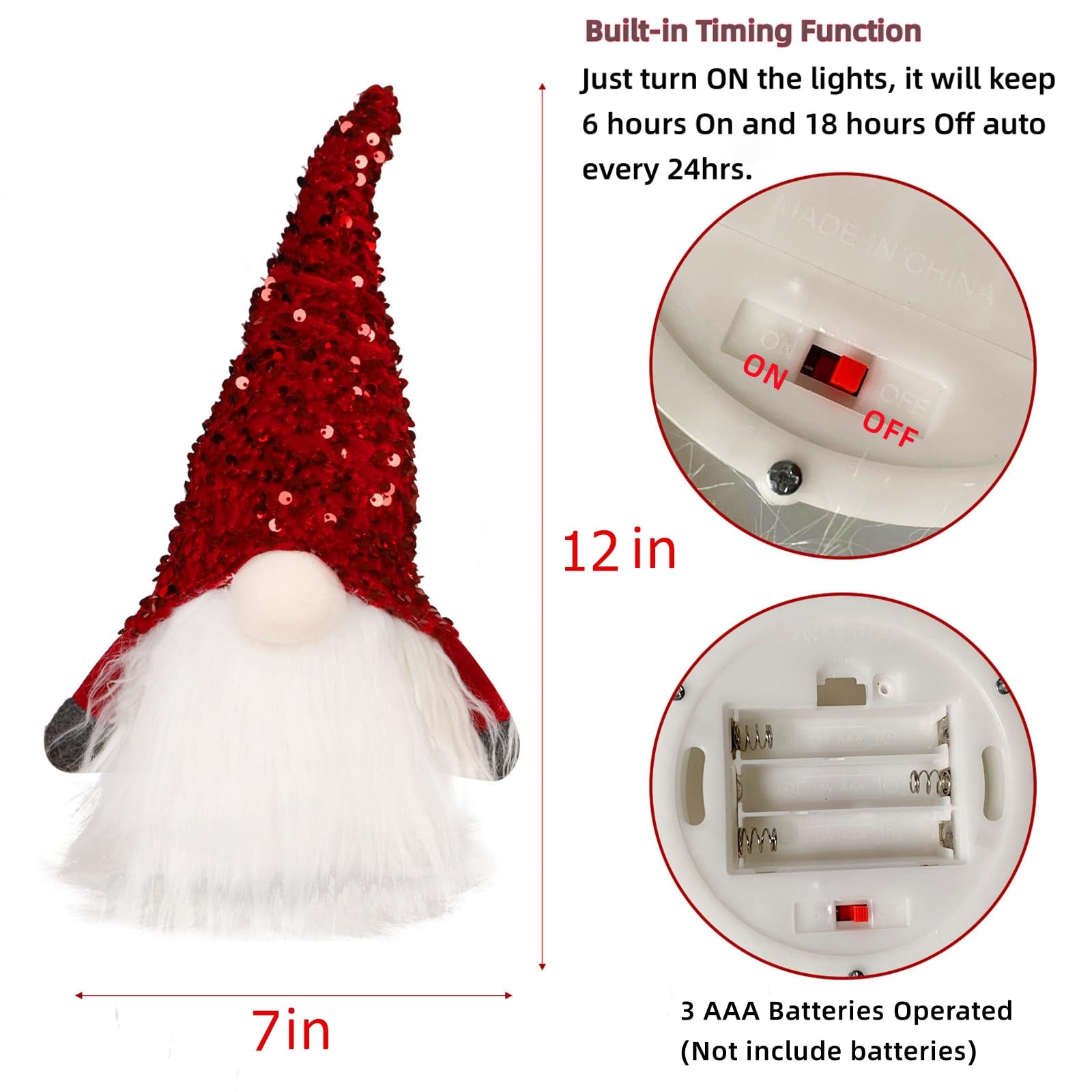 12" Lighted Christmas Gnome, Handmade Sequins Hat