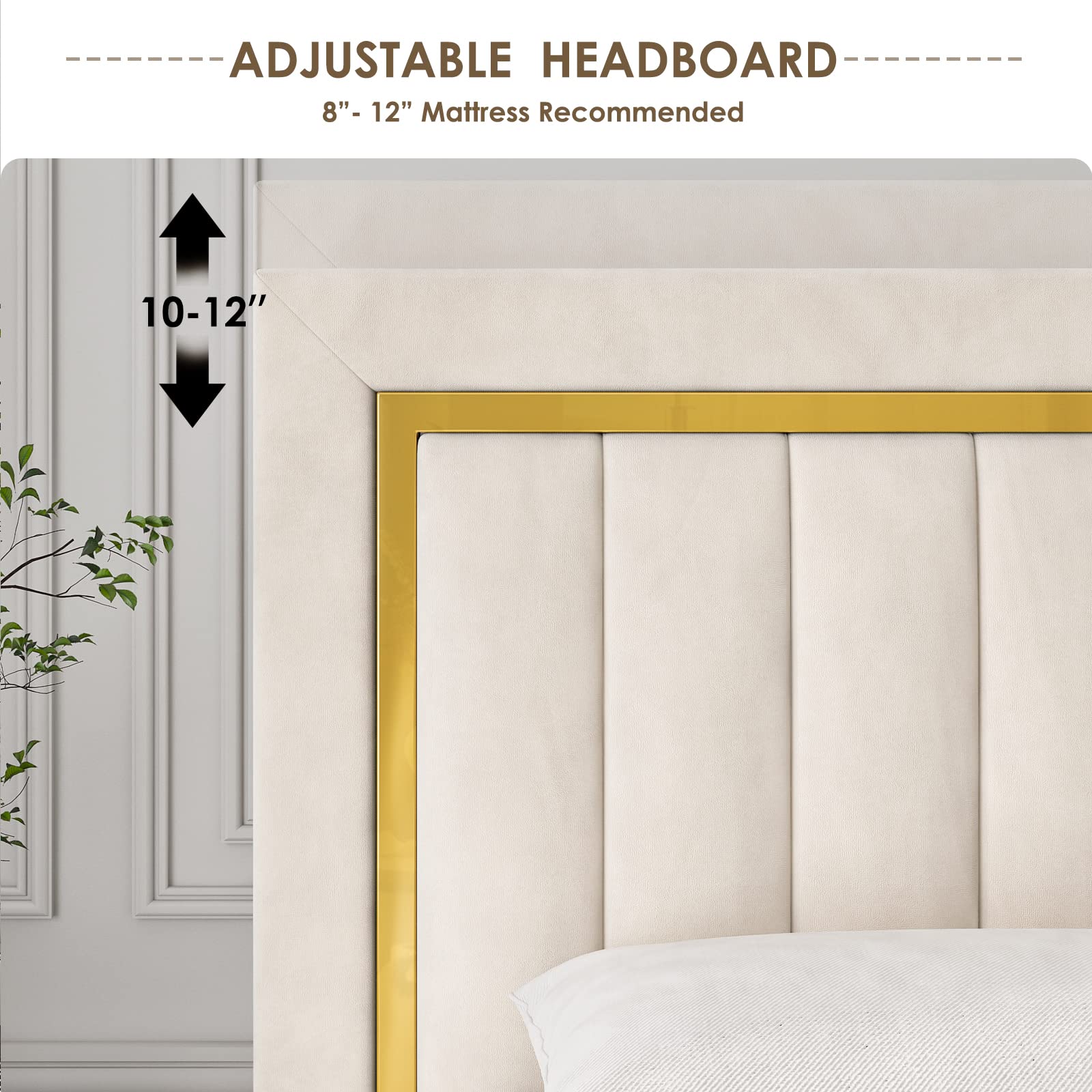  King Size Bed Frame with Adjustable Tufted Headboard, Velvet Upholstered Platform Bed