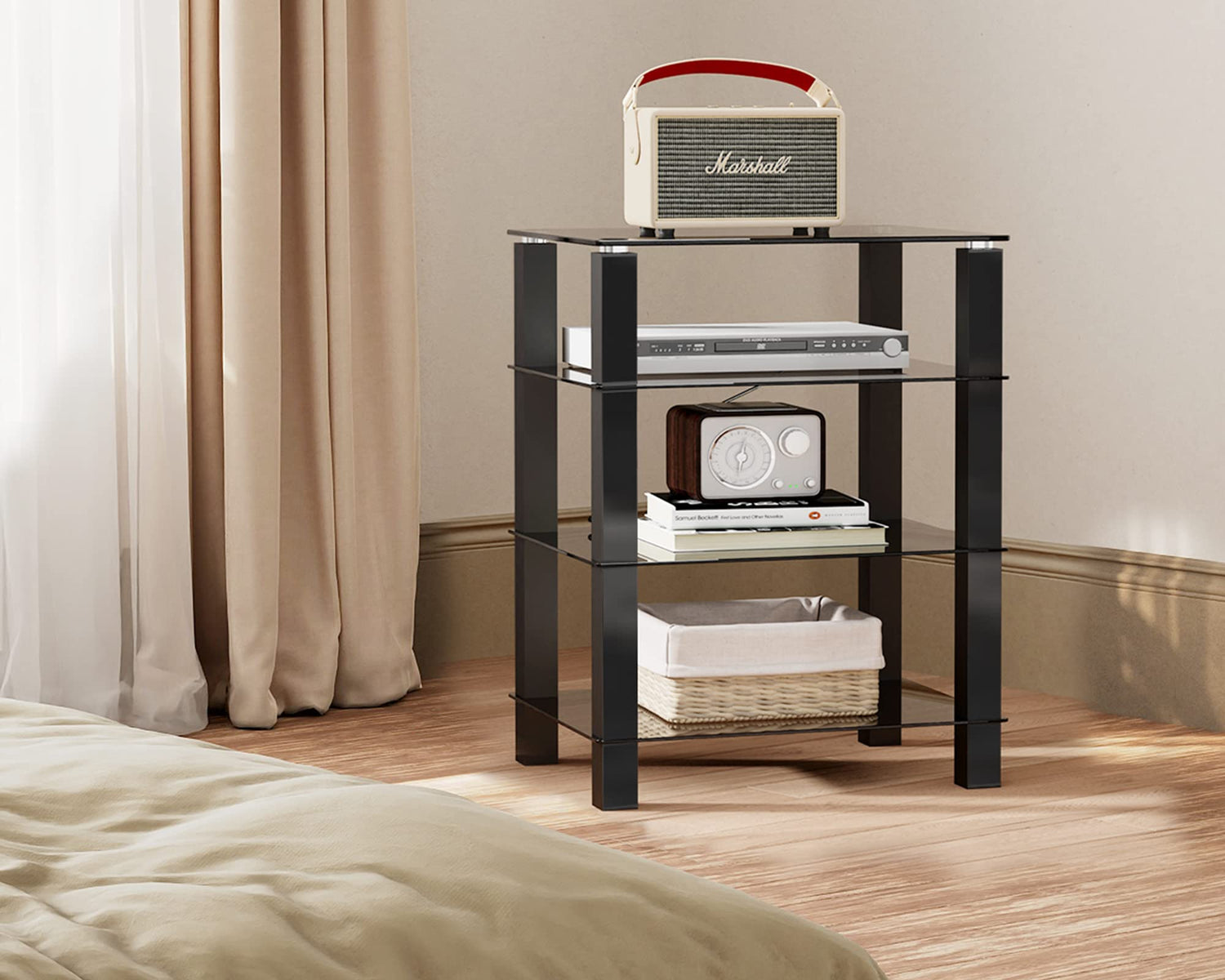 4-Tier Media Stand Audio/Video Component Cabinet with Glass Shelf