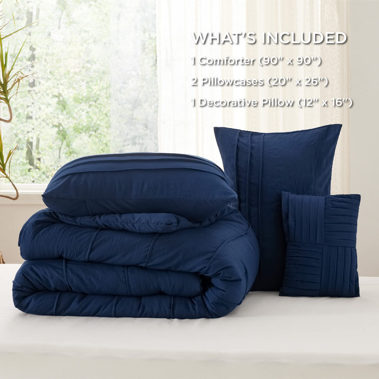 Navy Blue Queen Comforter Set - 4 Pieces Pinch Pleat Bed Set