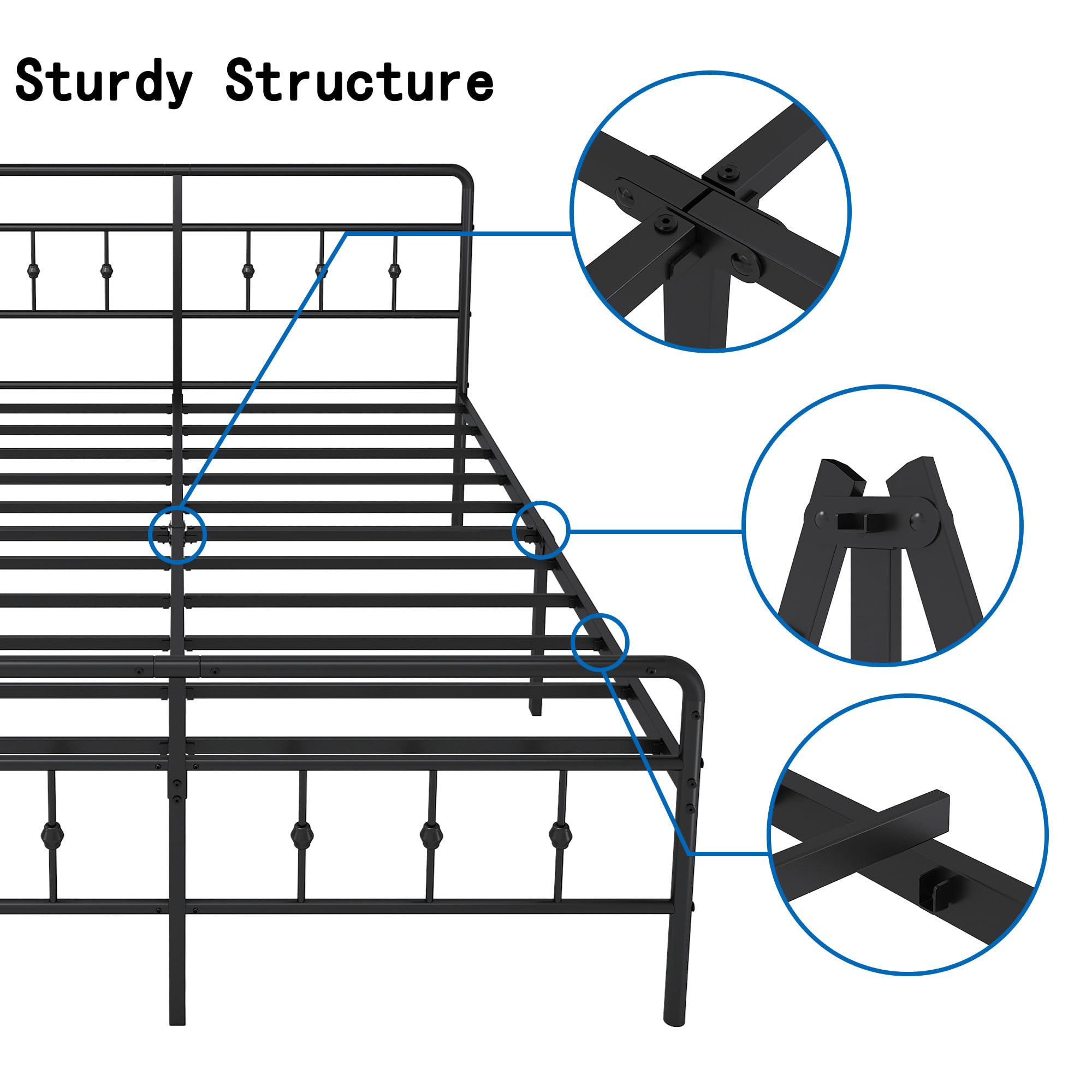 Queen Metal Bed Frame with Vintage Headboard and Footboard, Victorian Style Platform Bed Frame