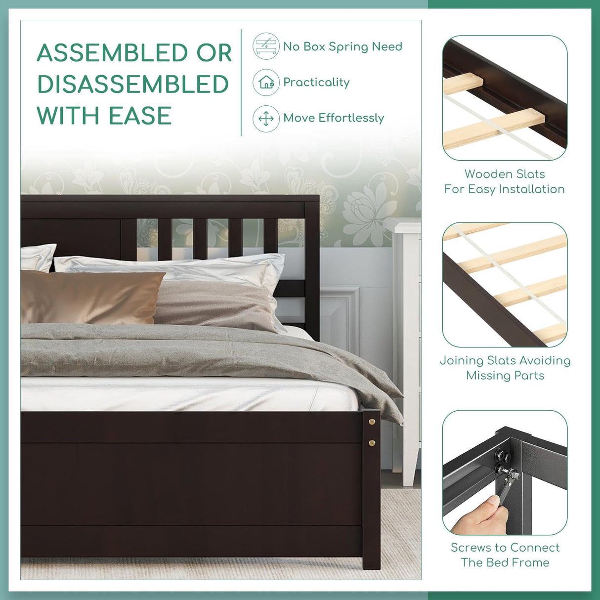 Queen Size Bed Frame, Wood Platform Bed Frame with Headboard