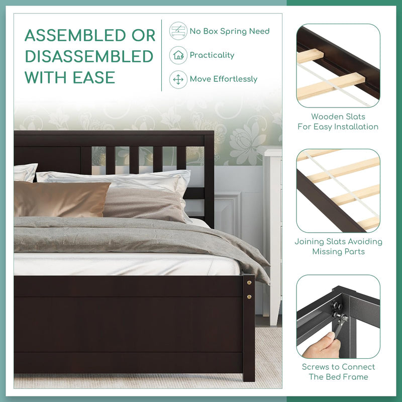 Queen Size Bed Frame, Wood Platform Bed Frame with Headboard, Solid Wood Foundation
