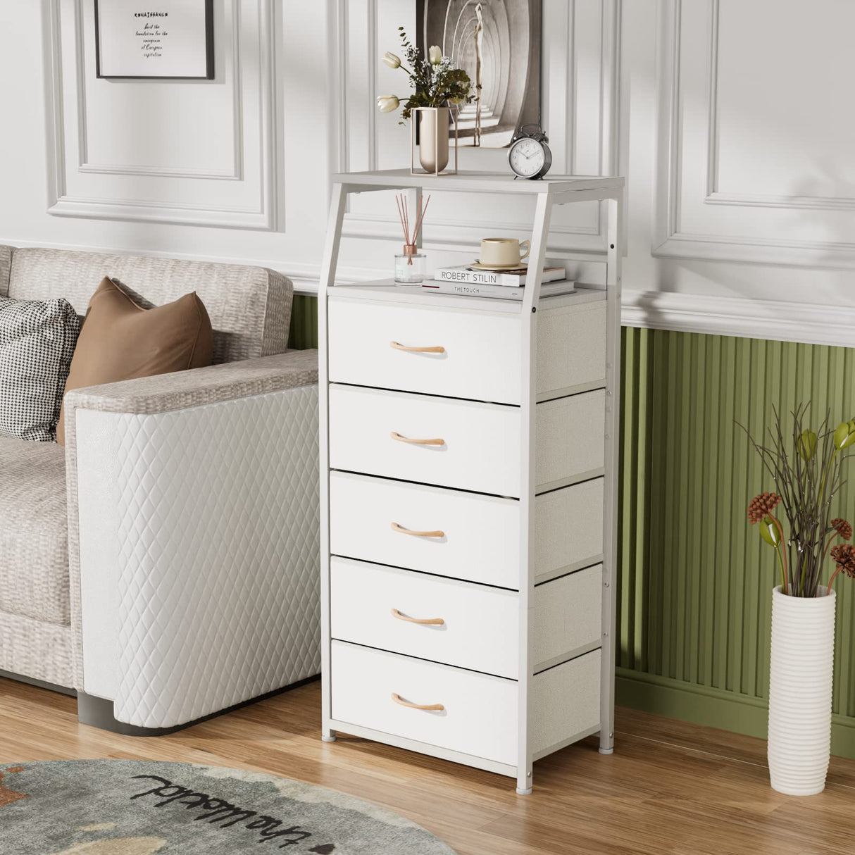 White Dresser with 5 Drawers, Vertical Storage Tower Fabric Dresser for Bedroom