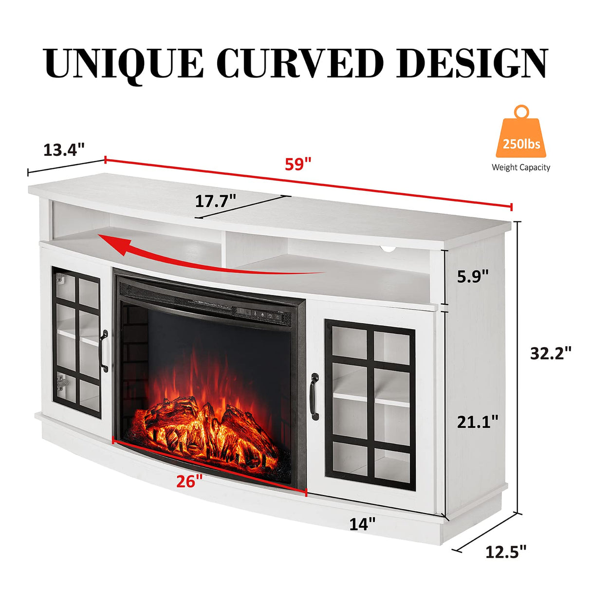 Curved TV Cabinet with 26 Electric Fireplace for TVs up to 65