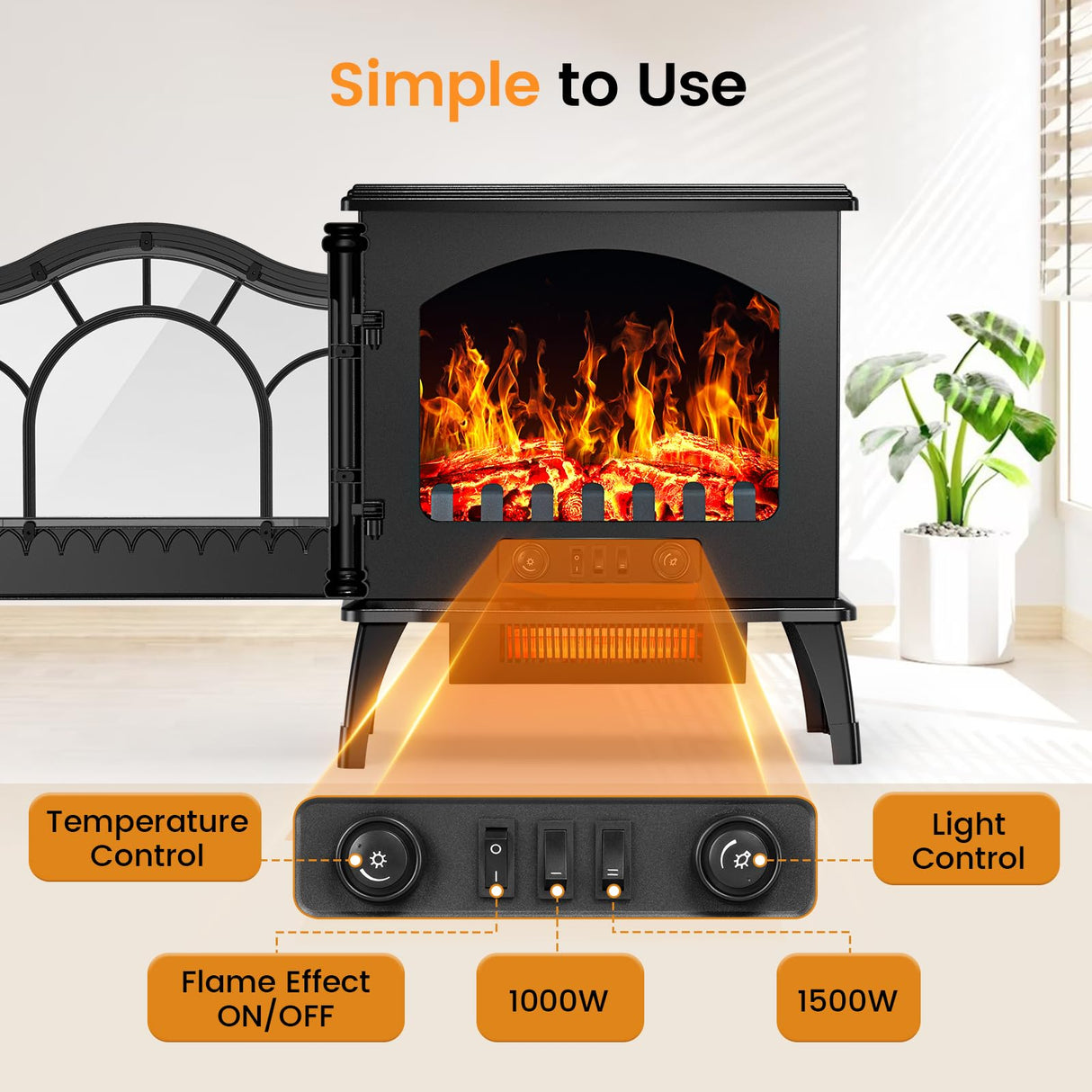 1000/1500W Electric Fireplace with Realistic Flames Effect