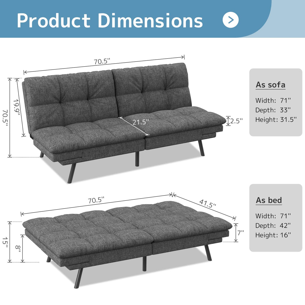 Futon Sofa Bed, Memory Foam Foldable Couch Convertible Loveseat Sleeper