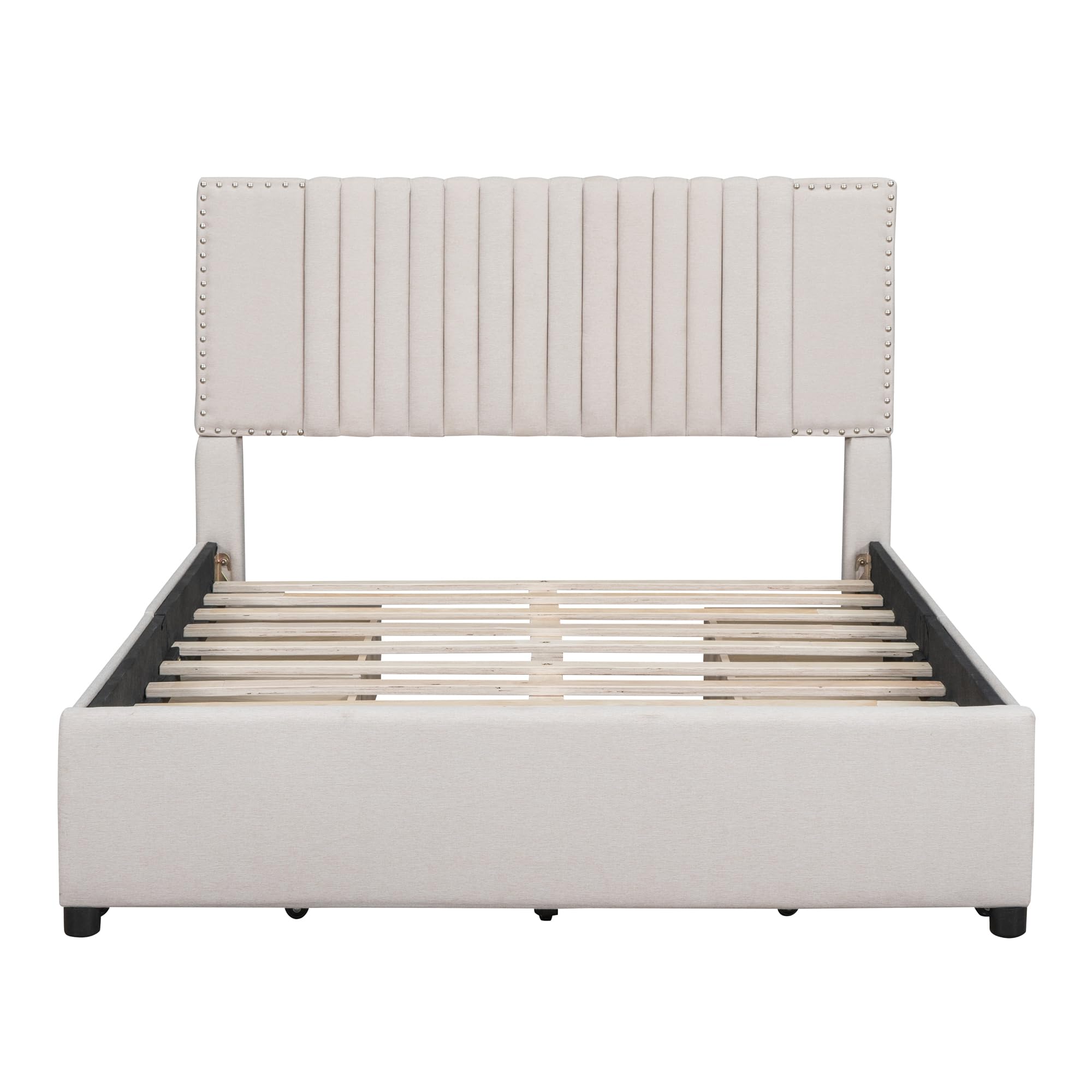 Full Size Upholstered Platform Bed with 4 Big Storage Drawers and Classic Linen Fabric
