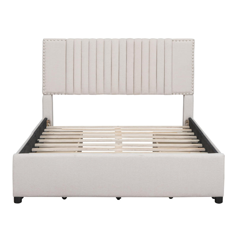 Full Size Upholstered Platform Bed with 4 Big Storage Drawers and Classic Linen Fabric