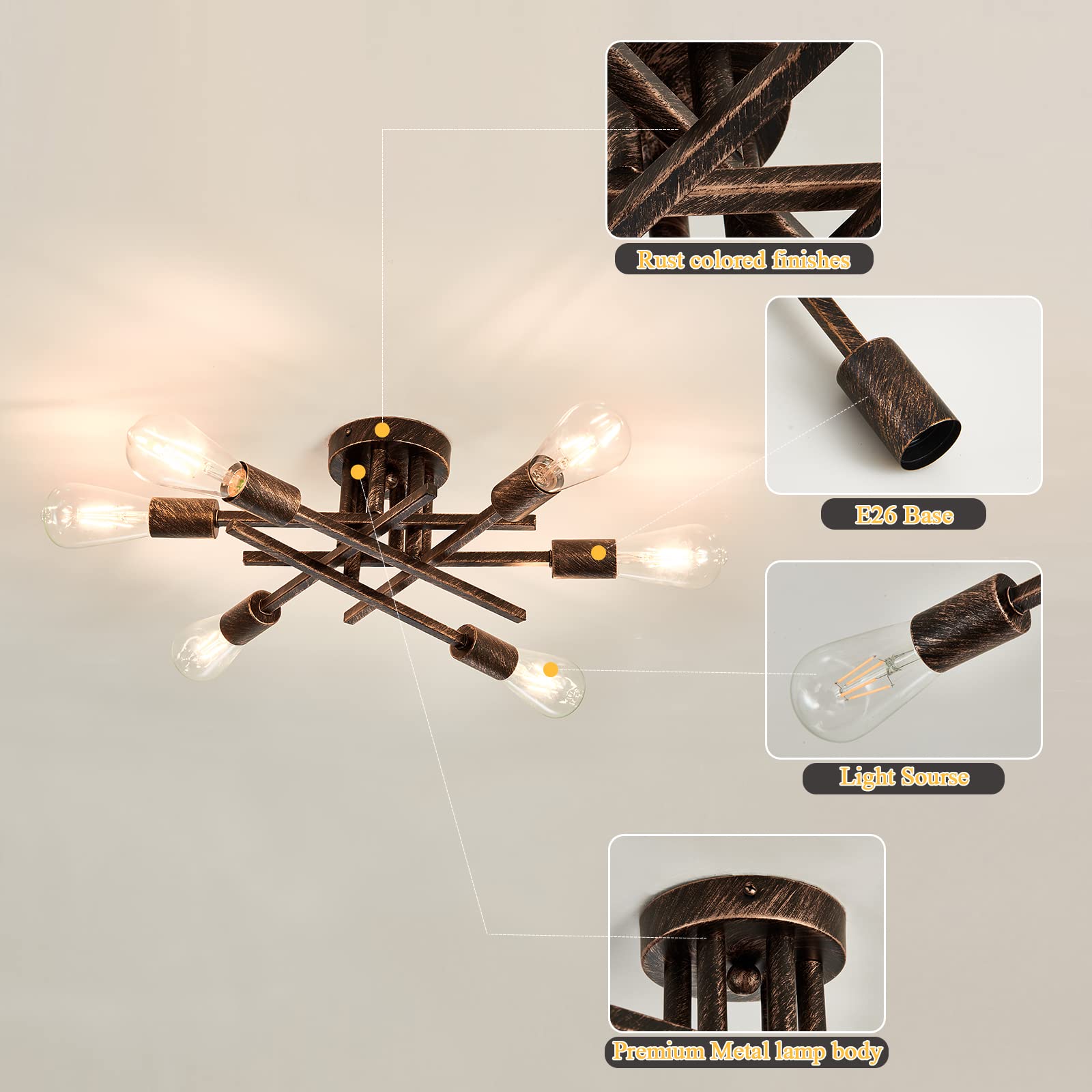 6-Lights Semi Flush Mount Ceiling Light Fixture Vintage Modern Bronze