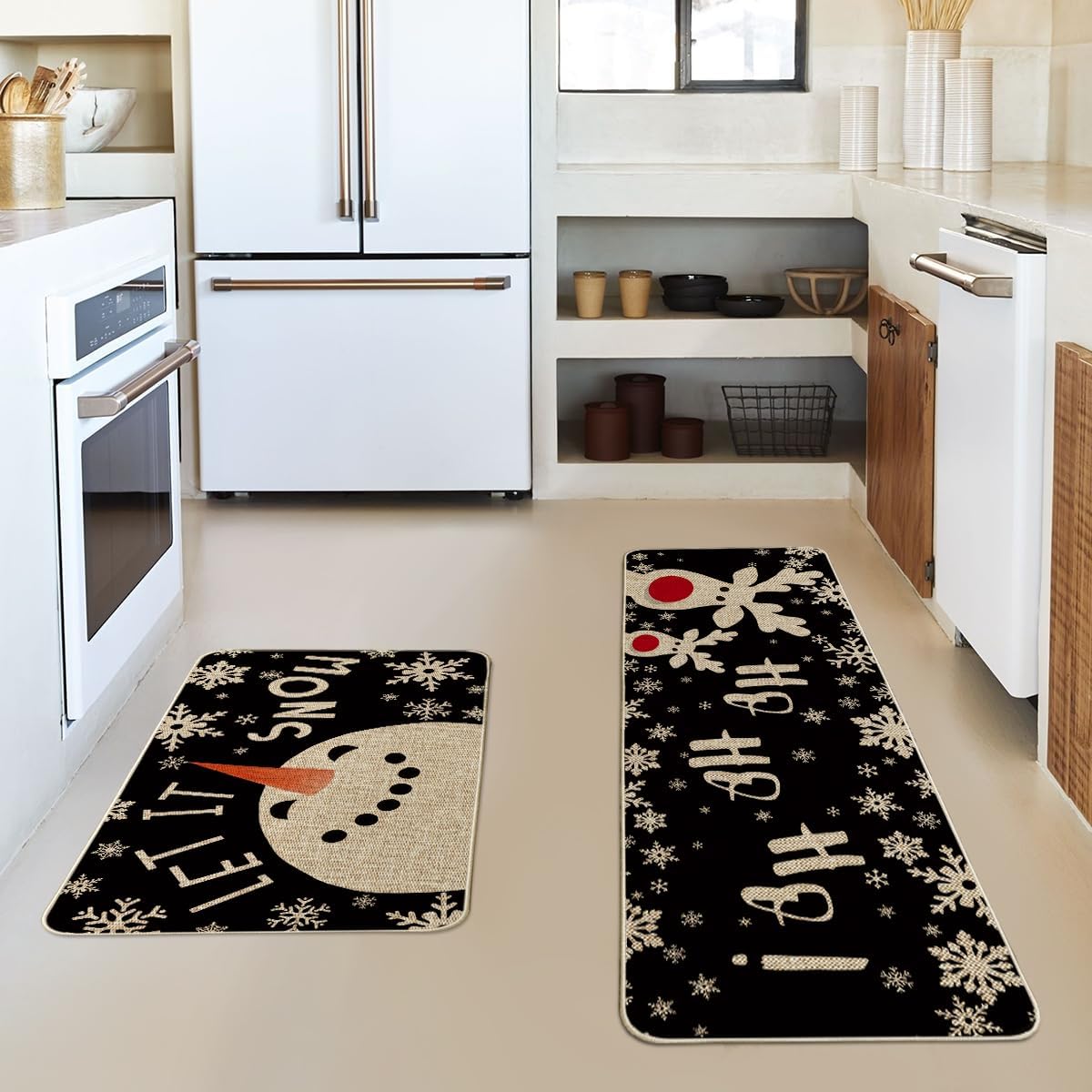 Snowman Deer Let It Snow Snowflake Christmas Kitchen Mats Set of 2