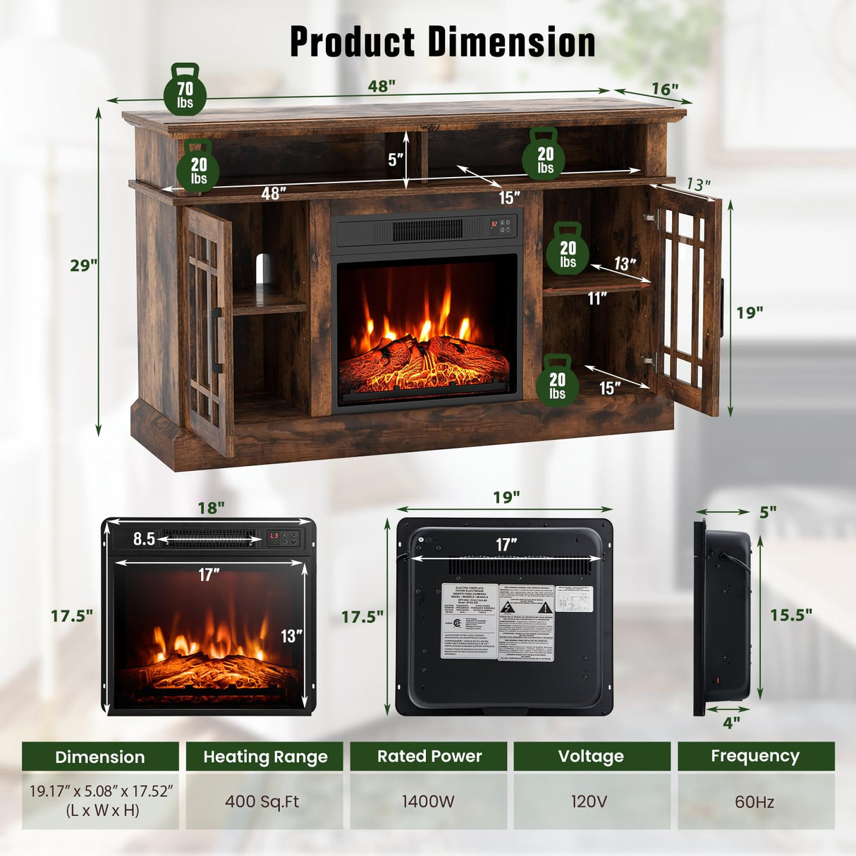 48 Inch Tv Stand with 18 Inch Electric Fireplace Heater