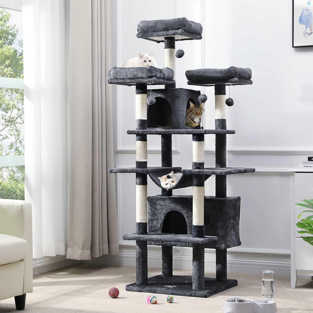 67" Large Cat Tree, Multi-Level Cat Tower with 3 Top Perches, 2 High Plush Condos