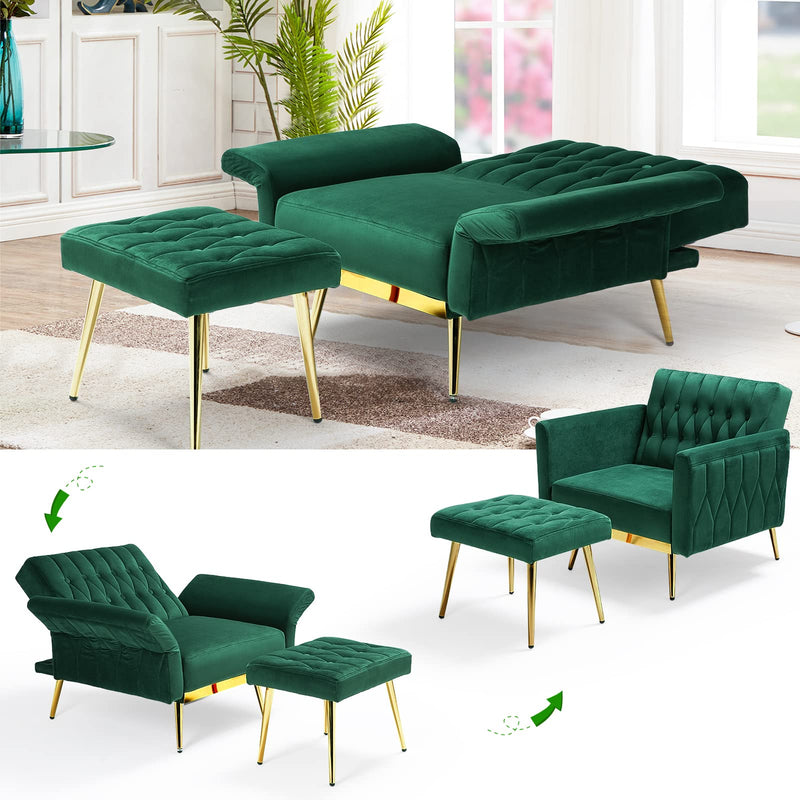 Velvet Accent Chair with Adjustable Armrests and Backrest, Button Tufted Lounge Chair, Single Recliner Armchair with Ottoman and Pillow