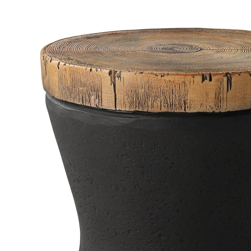 Outdoor End Table, Drum Side Table Faux-Wood Top, Black Base with Tree Trunk Slice