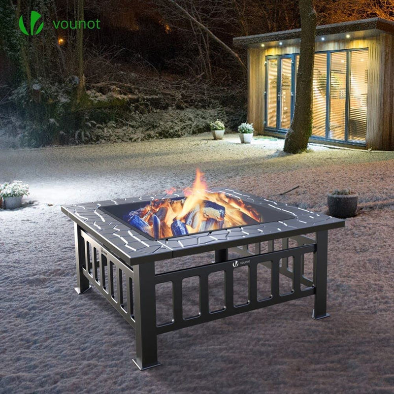 Fire Pit Table 32 inch Square Metal Firepit Multifunctional Outdoor Fireplace