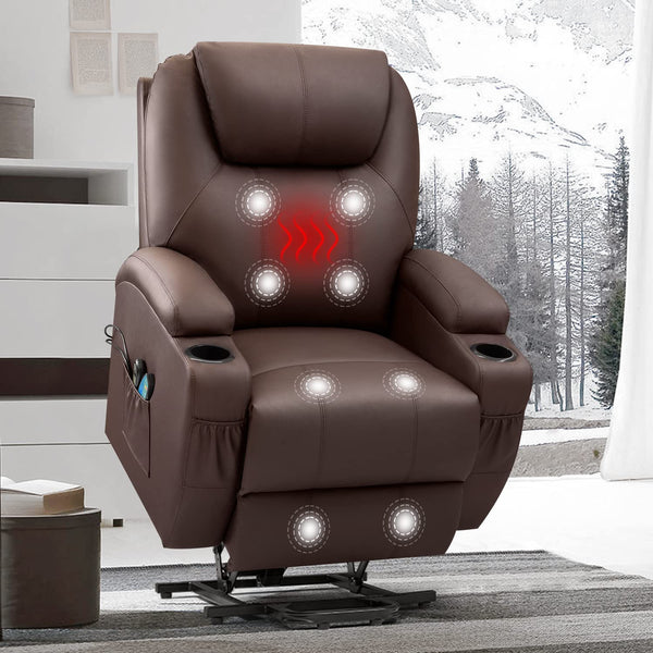 Electric Power Lift Recliner Chair PU Leather Sofa Chair for Elderly with Massage and Heat, Side Pockets and Cup Holders