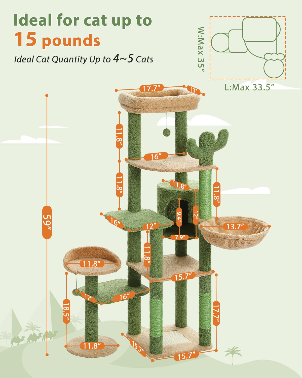 Cactus Cat Tree, Tall Cat Tree for Large Cat, Multi-Level Cat Tower