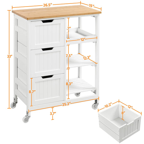 Kitchen Island Cart on Wheels with 3 Drawers and 3 Open Shelves