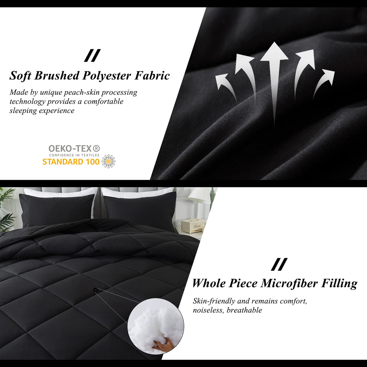 Black Queen Comforter Set with 2 Pillow Shams - 3 Pieces Bed Comforter Set