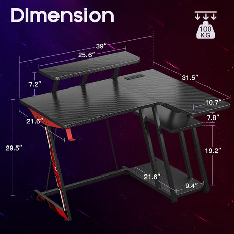 Gaming Desk L Shaped, Small Corner Desk with Storage Shelf & Power Outlets