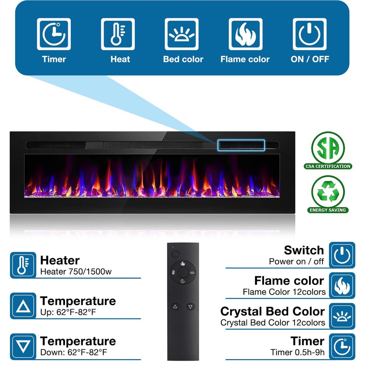 68 Inch Electric Fireplace Recessed and Wall Mounted