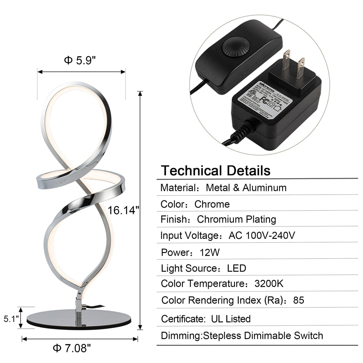 Modern Table Lamp, LED Spiral Lamp, Stepless Dimmable Bedside Lamp