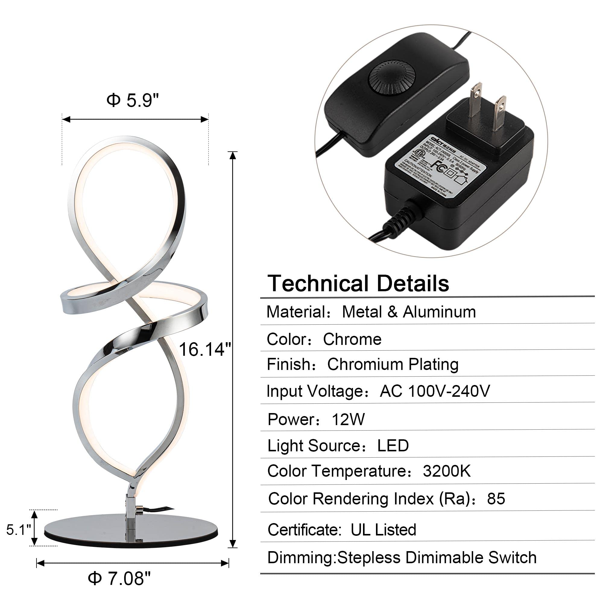 Modern Table Lamp, LED Spiral Lamp, Stepless Dimmable Bedside Lamp