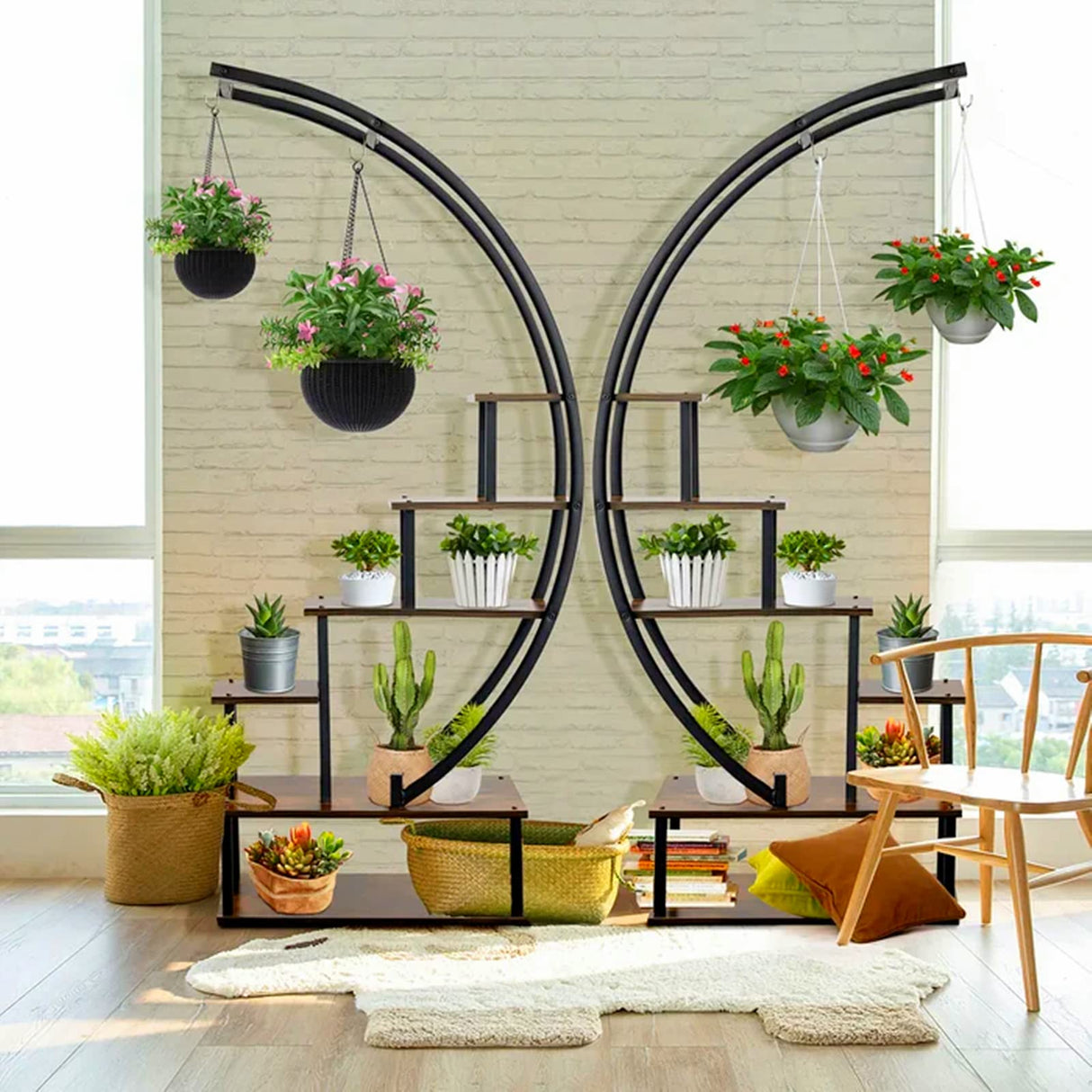 2 Pcs 6 Tier Tall Metal Indoor Plant Stand Half-Moon-Shaped Plant Shelf Holder