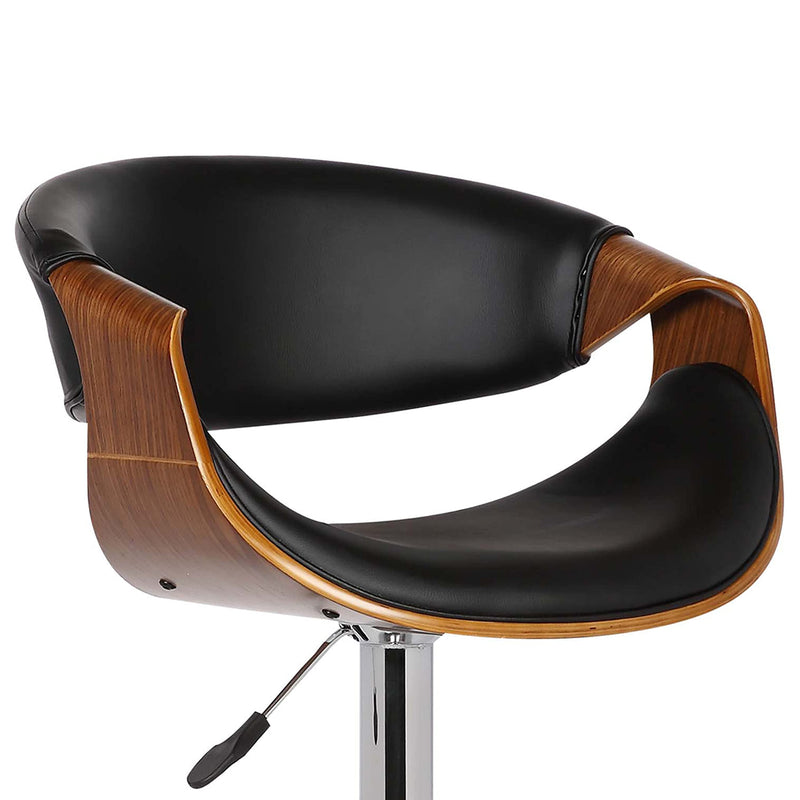 Butterfly Swivel Adjustable Barstool in Black Faux Leather and Walnut Wood Finish